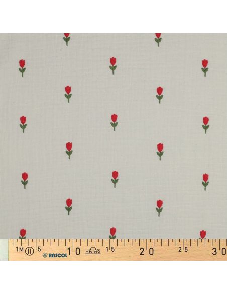 Tissu double gaze brodé tulipes - Naturel