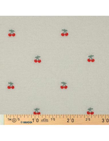 Tissu fourrure Teddy brodé cerises - Écru
