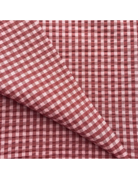 Tissu Seersucker à carreaux - Bordeaux et rose thé