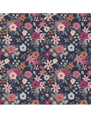 Tissu popeline de coton - Olga marine et rose