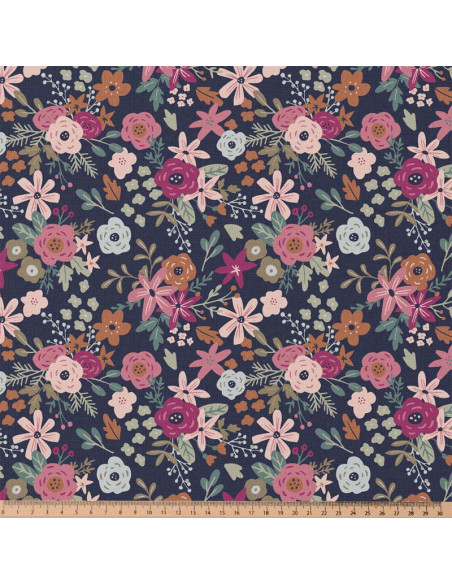 Tissu popeline de coton - Olga marine et rose