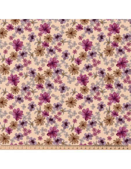 Tissu popeline de coton - Aster violet et pêche