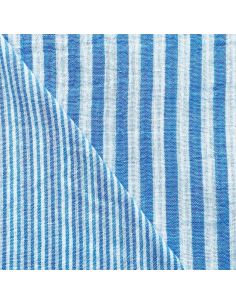 Tissu double gaze gaufrée rayures - Azur et blanc cassé