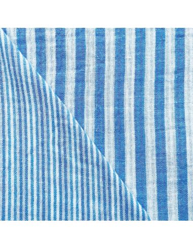 Tissu double gaze gaufrée rayures - Azur et blanc cassé
