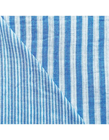 Tissu double gaze gaufrée rayures - Azur et blanc cassé