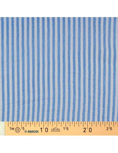 Tissu double gaze gaufrée rayures - Azur et blanc cassé