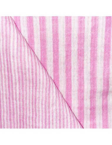 Tissu double gaze gaufrée rayures - Bubblegum et blanc cassé