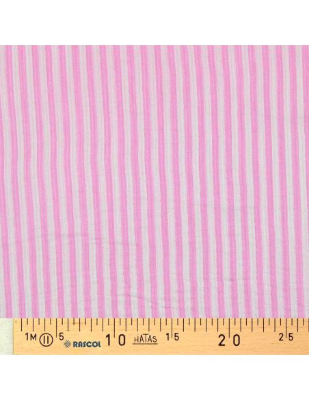 Tissu double gaze gaufrée rayures - Bubblegum et blanc cassé
