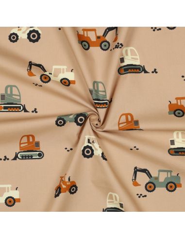 Tissu popeline de coton engins de chantier - Beige