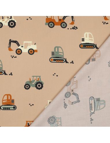 Tissu popeline de coton engins de chantier - Beige