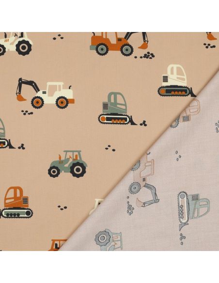 Tissu popeline de coton engins de chantier - Beige