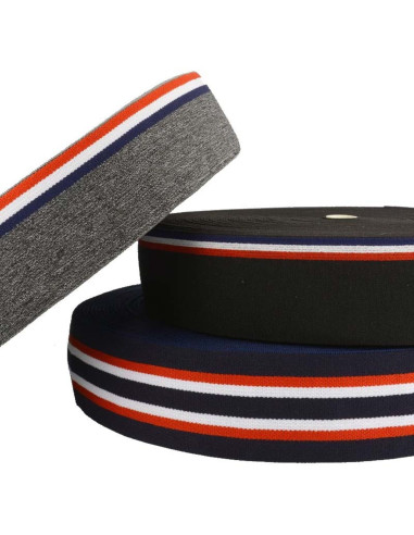 Elastique fantaisie rayé tricolore fond noir 45 mm