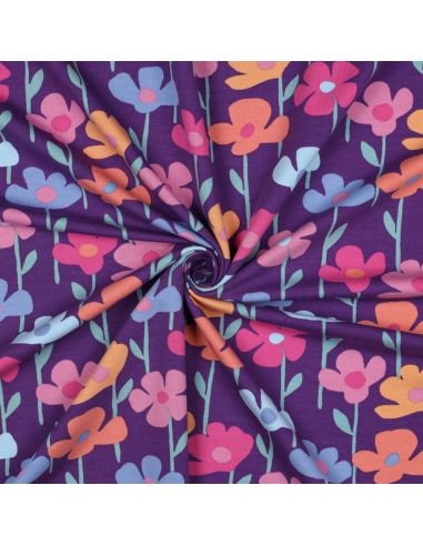 Tissu sweat fleurs des champs - Fond violet