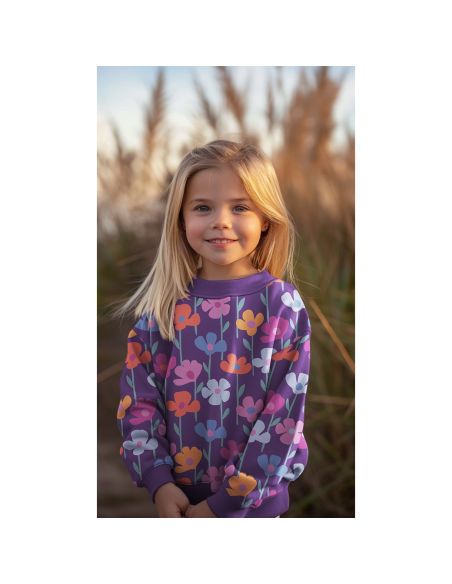 Tissu sweat fleurs des champs - Fond violet