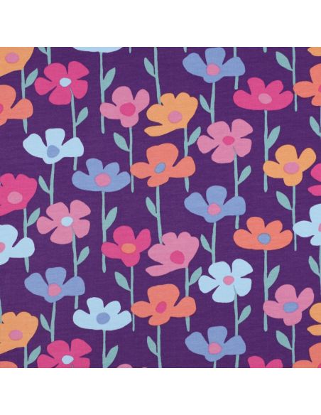 Tissu sweat fleurs des champs - Fond violet