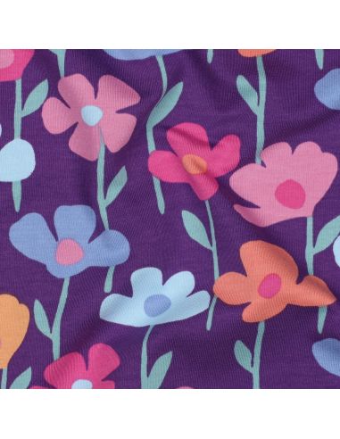Tissu sweat fleurs des champs - Fond violet