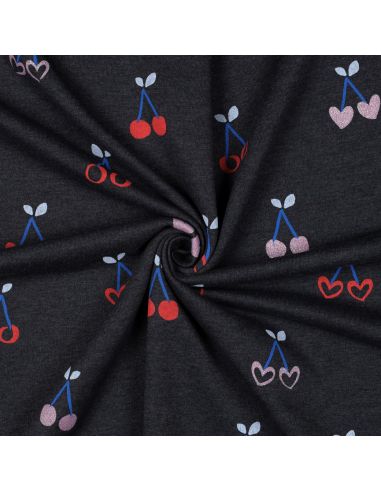 Tissu sweat mélangé glitter cerises - Bleu marine