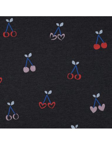 Tissu sweat mélangé glitter cerises - Bleu marine