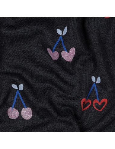 Tissu sweat mélangé glitter cerises - Bleu marine