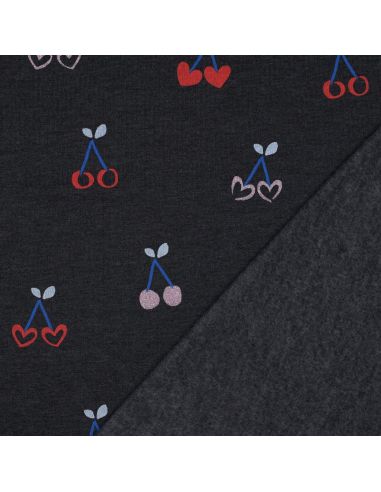 Tissu sweat mélangé glitter cerises - Bleu marine