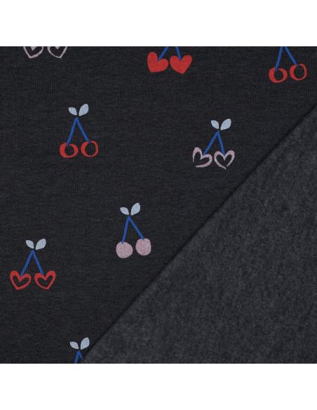 Tissu sweat mélangé glitter cerises - Bleu marine