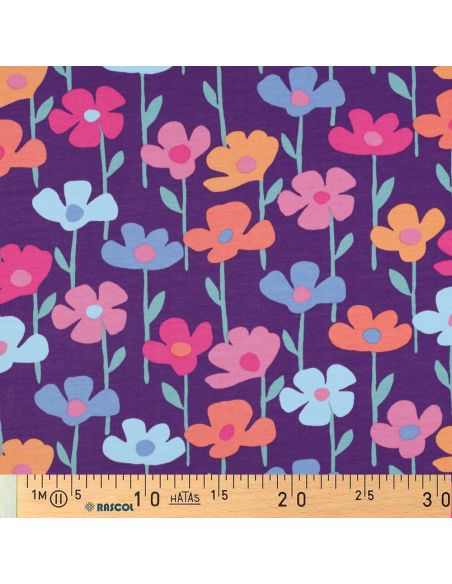 Tissu sweat fleurs des champs - Fond violet