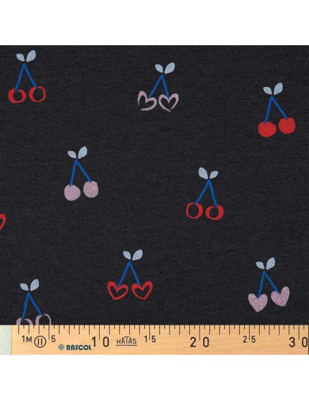 Tissu sweat mélangé glitter cerises - Bleu marine