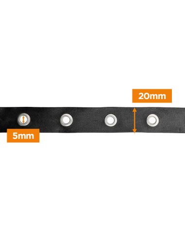 Ruban simili cuir noir à œillets argentés – 20 mm