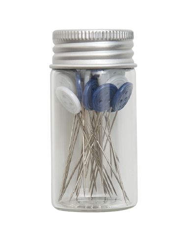 Tube en verre de 30 épingles à tête plastique - Collection fleurs bleues