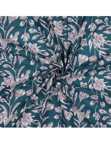 Tissu coton indien block print Kirine - Bleu pétrole