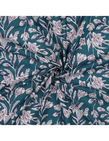 Tissu coton indien block print Kirine - Bleu pétrole
