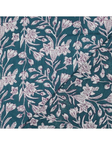 Tissu coton indien block print Kirine - Bleu pétrole