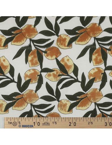 Tissu coton indien block print Citrons - Feuilles vertes