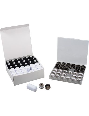 Kit fils à coudre & canettes métal plates – 72 pièces – noir & blanc