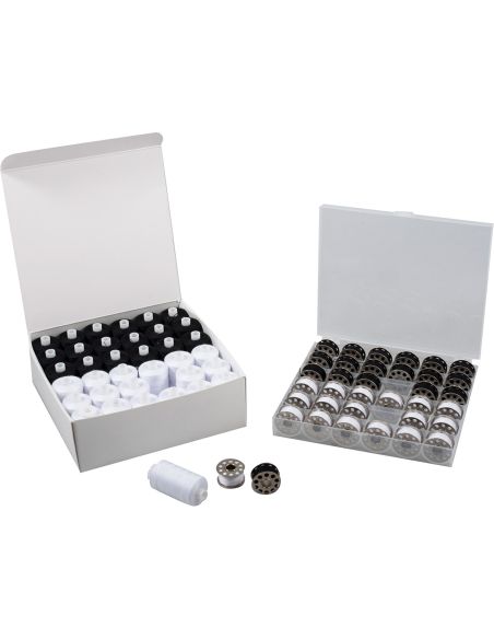 Kit fils à coudre & canettes métal plates – 72 pièces – noir & blanc