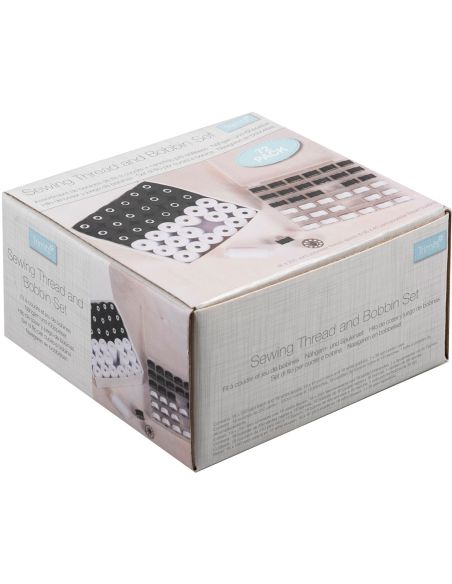 Kit fils à coudre & canettes métal plates – 72 pièces – noir & blanc