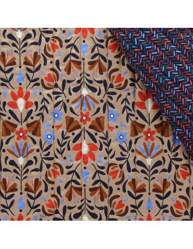 Tissu coton matelassé Lafleur - Beige et bleu
