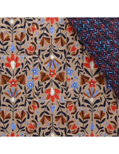 Tissu coton matelassé Lafleur - Beige et bleu