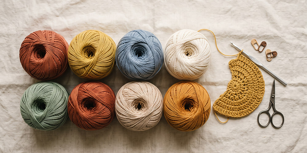Pelotes de coton à crocheter de plusieurs couleurs avec un crochet et un amigurumi en cours