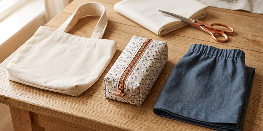 Tote bag, trousse zippée et jupe élastiquée cousus par un débutant