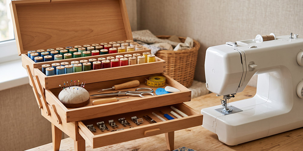 Travailleuse en bois ouverte, plateaux dépliés, avec fils, ciseaux, épingles et accessoires de machine rangés
